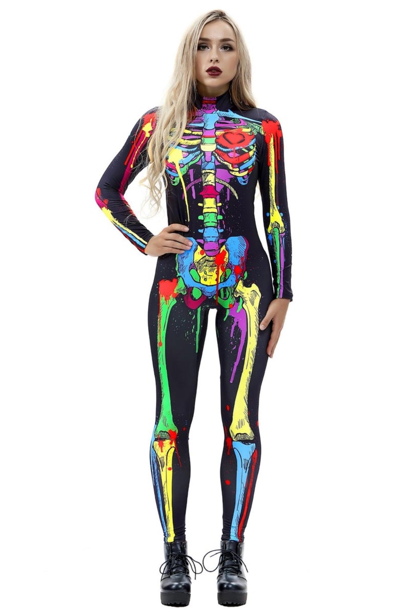 URVIP Women Halloween Skeleton Costume Stretch Skinny Catsuit Jumpsuit Bodysuit Color-BAX-014 XL - Image 1